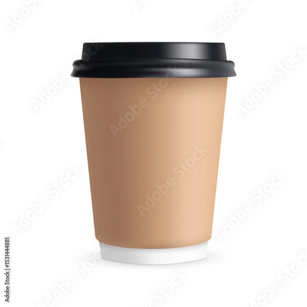 Fototapeta Kraft Coffee Cup Mockup With Black Plastic Cap, Front View, Isolated On White Background. Vector Illustration