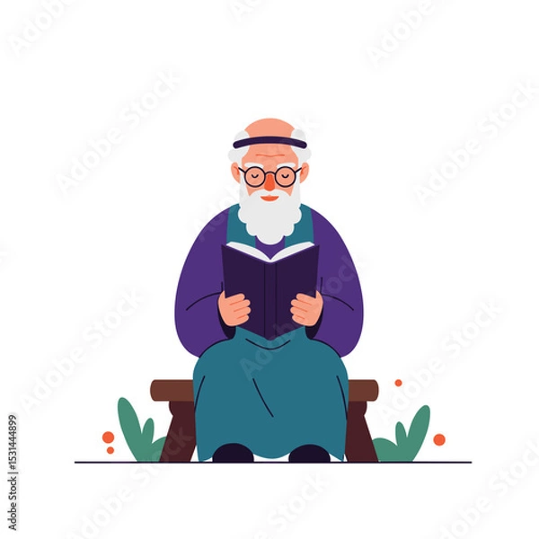 Obraz Elderly man reading holy book while sitting on bench among plants  