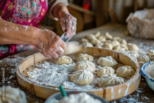 Fototapeta A woman's hands skillfully prepare and arrange freshly made steamed buns, dusted with flour, on a bamboo steamer