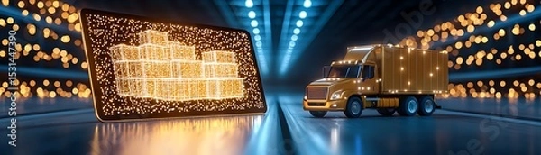 Obraz This image showcases a digital representation of cargo on a tablet beside a delivery truck, symbolizing the integration of technology in logistics and transportation.