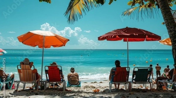 Fototapeta Relaxed people enjoying a sunny beach day under colorful umbrellas