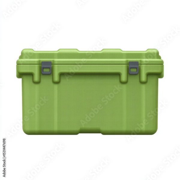 Fototapeta Green plastic storage box with secure lid and latch, designed for organizing tools, supplies, or equipment durable