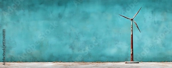 Obraz Energy stock market wind concept, A solitary wind turbine stands against a turquoise wall, highlighting themes of sustainability and clean energy in a minimalist outdoor setting.