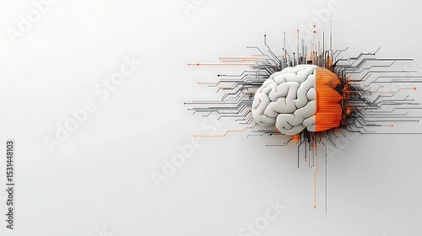 Obraz A creative illustration of a human brain connected with circuits, representing the fusion of technology and intelligence in a modern context.