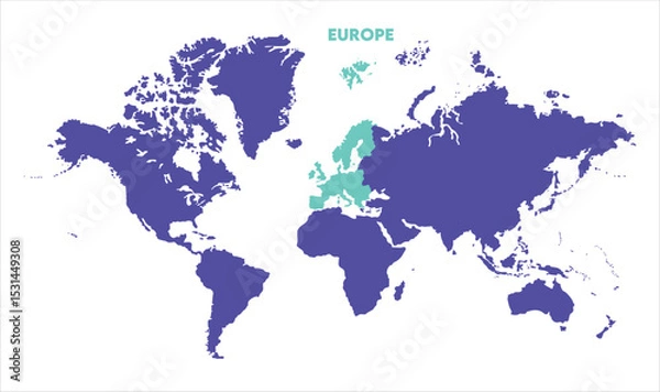 Fototapeta World map with Europe focus-10, Map of Europe, highlighted on the world map, Europe on the world map, Satellite view, Europe location on the globe.