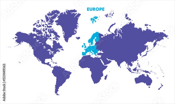 Fototapeta World map with Europe focus-11, Map of Europe, highlighted on the world map, Europe on the world map, Satellite view, Europe location on the globe.