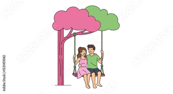 Fototapeta Love's Gentle Swing: A tender illustration of a couple sharing a sweet moment on a swing, a simple scene that represents love, togetherness, and a shared experience.
