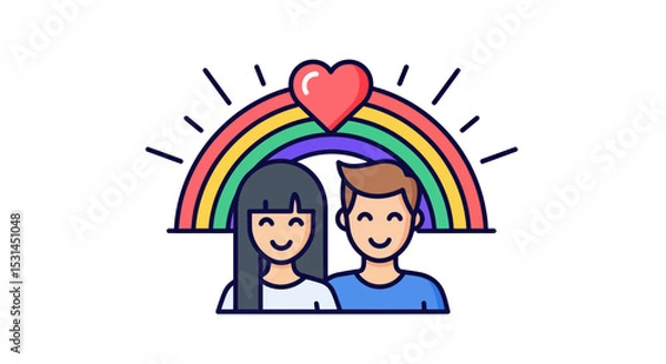 Fototapeta Love's Spectrum: A vibrant illustration portrays a couple with a heart above a rainbow, symbolizing love, acceptance, and unity in a colorful and heartwarming style.