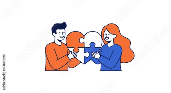Fototapeta Team Building with Heart: Two individuals collaborate, fitting puzzle pieces together to form a heart, symbolizing teamwork and partnership.