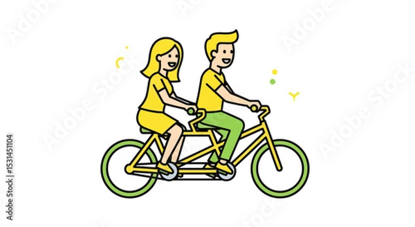 Fototapeta Joyful tandem ride: In a vibrant illustration, a happy couple enjoys a tandem bike ride, embodying the spirit of adventure, partnership, and shared experiences.