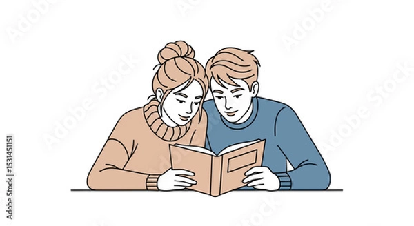 Fototapeta Shared Reading Delight: An illustration of a couple engrossed in a shared reading experience, fostering connection, and the enjoyment of stories.