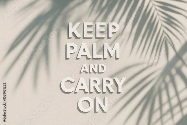 Fototapeta Keep Palm and Carry On: Minimalist Tropical Quote with Palm Leaf Shadows
