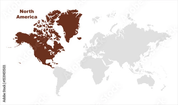 Fototapeta North America continent map-05, Map of North America, highlighted on the world map, North America on the world map, Satellite view, North America's location on the globe.