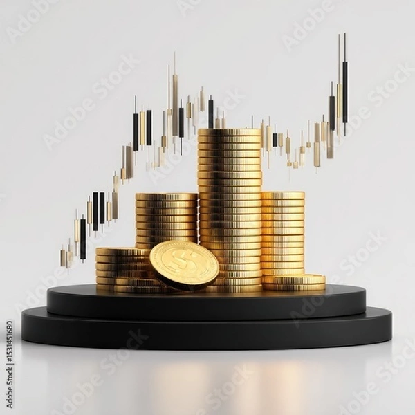 Fototapeta Gold coins stacked in tiered structure, atop a black podium, with a financial chart overlay
