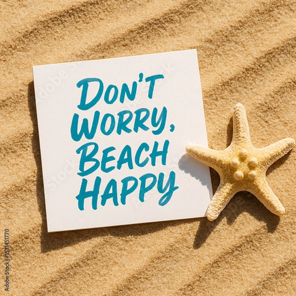 Fototapeta Don't Worry Beach Happy: Uplifting Beach Quote with Starfish on Smooth Sand
