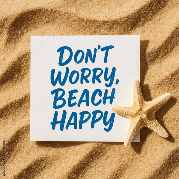 Fototapeta Don't Worry Beach Happy: Starfish and Quote Card on Rippled Beach Sand
