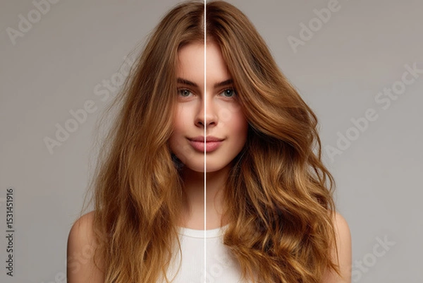 Fototapeta Hair transformation: comparing one side with frizz against the opposite, smooth side after a revitalizing treatment.