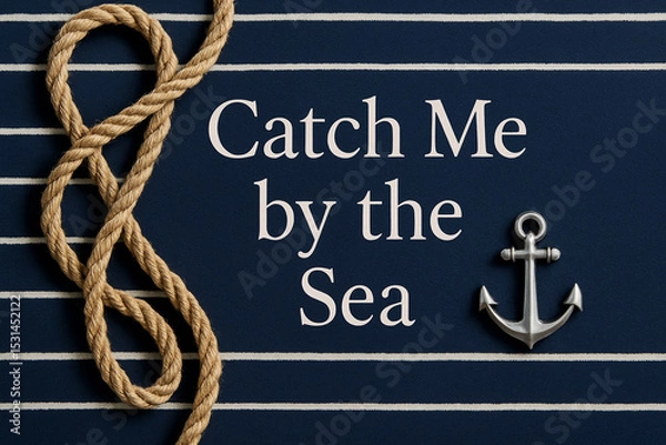 Fototapeta Catch Me by the Sea: Nautical Design with Anchor and Rope on Navy Stripes
