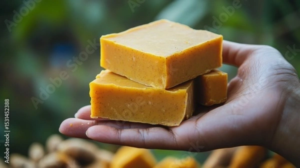 Fototapeta A hand holds three bars of turmeric soap. The background is blurred with greenery, emphasizing skincare.