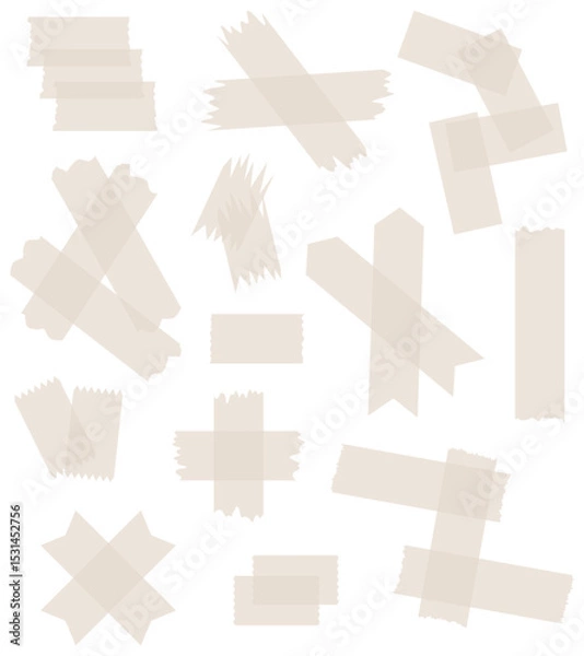 Obraz Set of beige semi-transparent washi tapes isolated on white. Tapes collection in vector. Pieces of decorative tape for scrapbooks. Torn paper