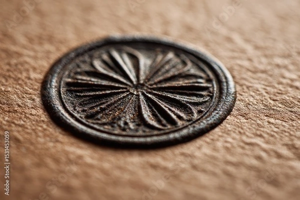 Fototapeta Close-up of a dark, ornate, circular seal on textured paper