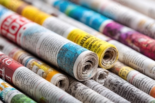 Fototapeta Rolled newspapers of various colors and patterns