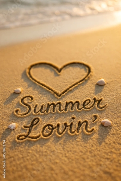 Fototapeta Summer Lovin’ Heart Written in Beach Sand Surrounded by Seashells at Sunset
