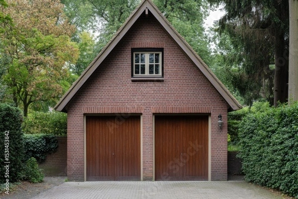 Obraz A delightful brick garage featuring rustic wooden doors, beautifully surrounded by lush green foliage, sits peacefully in a tranquil residential neighborhood during the enchanting autumn season