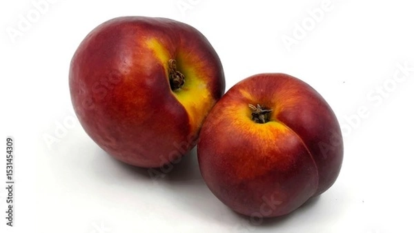 Fototapeta Photo of two ripe, nectarines (also known as flat or doughnut nectarines), isolated on white background.