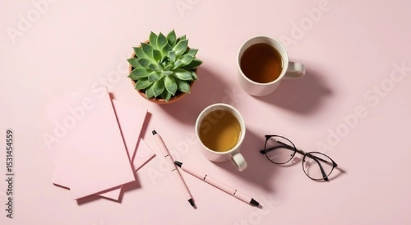 Obraz Serene Workspace Succulents, Tea, and Pink Paper