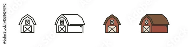 Obraz Farm bunkhouse vector icons in outline and flat filled styles. Rural wooden cabin illustrations for agriculture or lodging