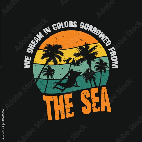 Fototapeta Retro Beach Sunset T-Shirt Design with Palm Trees and Quote
