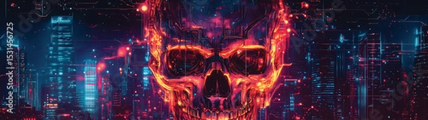 Obraz Futuristic Cyberpunk Skull with Cityscape Background - Digital Havoc