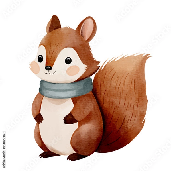 Obraz Watercolor squirrel wearing cozy scarf. Hand painted illustration on white background