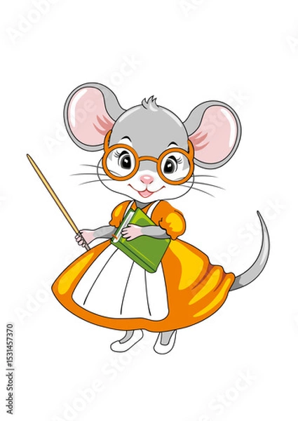 Fototapeta Smart little mouse teacher with a pointer and a book in her hands