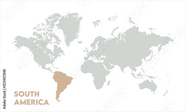 Fototapeta Vector world map with South America-11, Map of South America, highlighted on the world map, South America on the world map, Satellite view, South America's location on the globe.