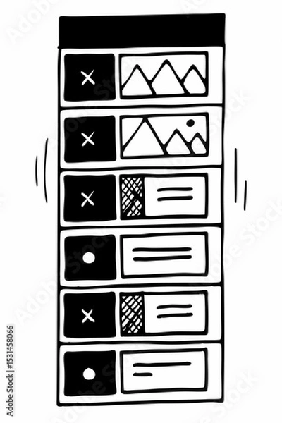 Fototapeta Sketchy Digital Design and User Interface Outline Illustration. Development, Programming, Mobile App, Banner, Image Gallery, and Text Elements. Black and White.