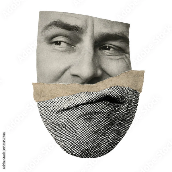 Obraz Surreal collage of a face with torn paper on transparent background
