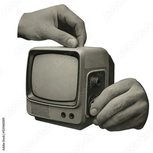Obraz Hands Adjusting Vintage Television on Transparent Background