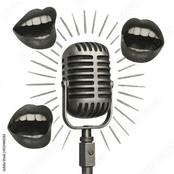 Obraz Vintage microphone surrounded by surreal floating lips on a transparent background