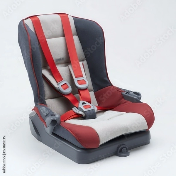 Fototapeta A modern child car seat with red and gray cushions and adjustable safety harness straps, designed for comfort and protection during car travel.