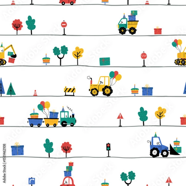 Fototapeta Seamless vector pattern with cute cars carrying balloons and gifts. Playful and cheerful design, perfect for kids' birthdays, textiles, wrapping paper, and celebration themes.