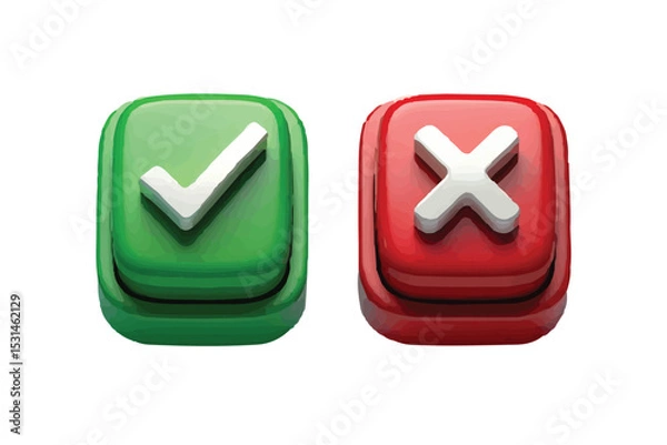 Fototapeta 3D Rendered Green Checkmark and Red Cross Buttons  Approval and Rejection Symbols