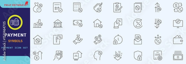 Fototapeta Credit, Loans and Mortgages web icons in outline style. Credit card, deposit, car leasing, rate interest, calculator, income, rating, collection. Editable stroke outline icon