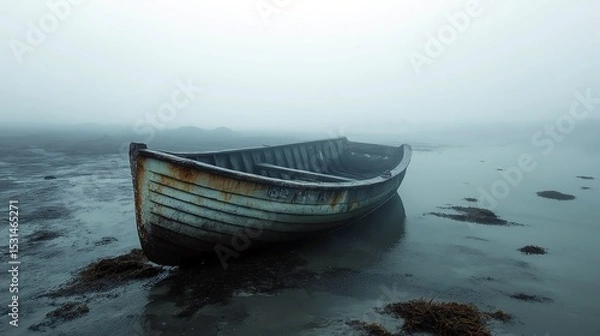 Obraz  Old wooden boat floating on still water in dense morning fog. Concept of solitude and timeless silence