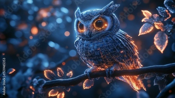Obraz  Glowing blue owl with luminous eyes perched on a branch at night with fairy lights. Concept of magical forest creature