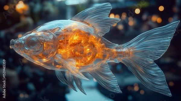 Obraz  Glowing goldfish with translucent fins swimming in dark water illuminated by city lights. Concept of magical underwater fantasy