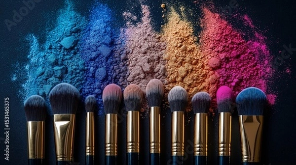 Obraz Makeup brushes standing upright in front of a rainbow gradient of colorful powder on a dark studio background. Concept of beauty and cosmetic artistry