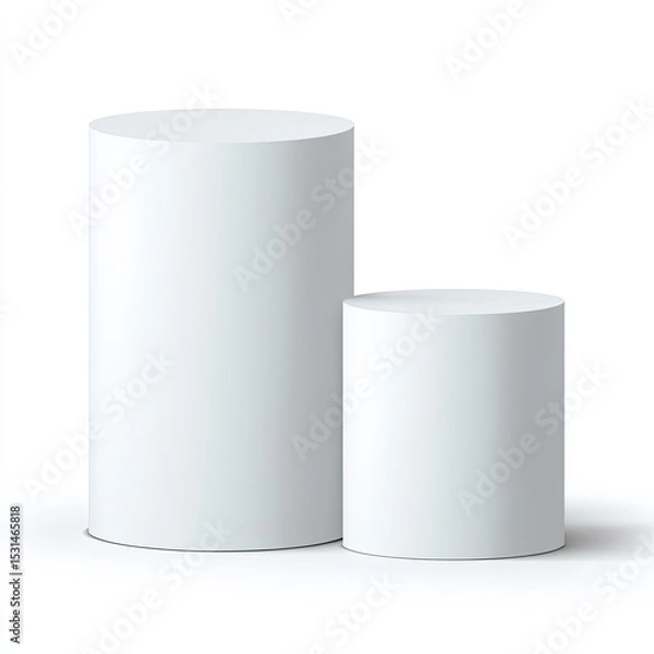 Obraz Two white cylindrical podiums, one slightly larger than the other, against a plain white background