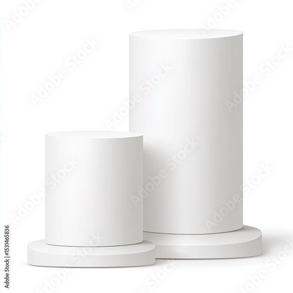 Fototapeta Two white cylindrical podiums, one larger than the other, on a white background